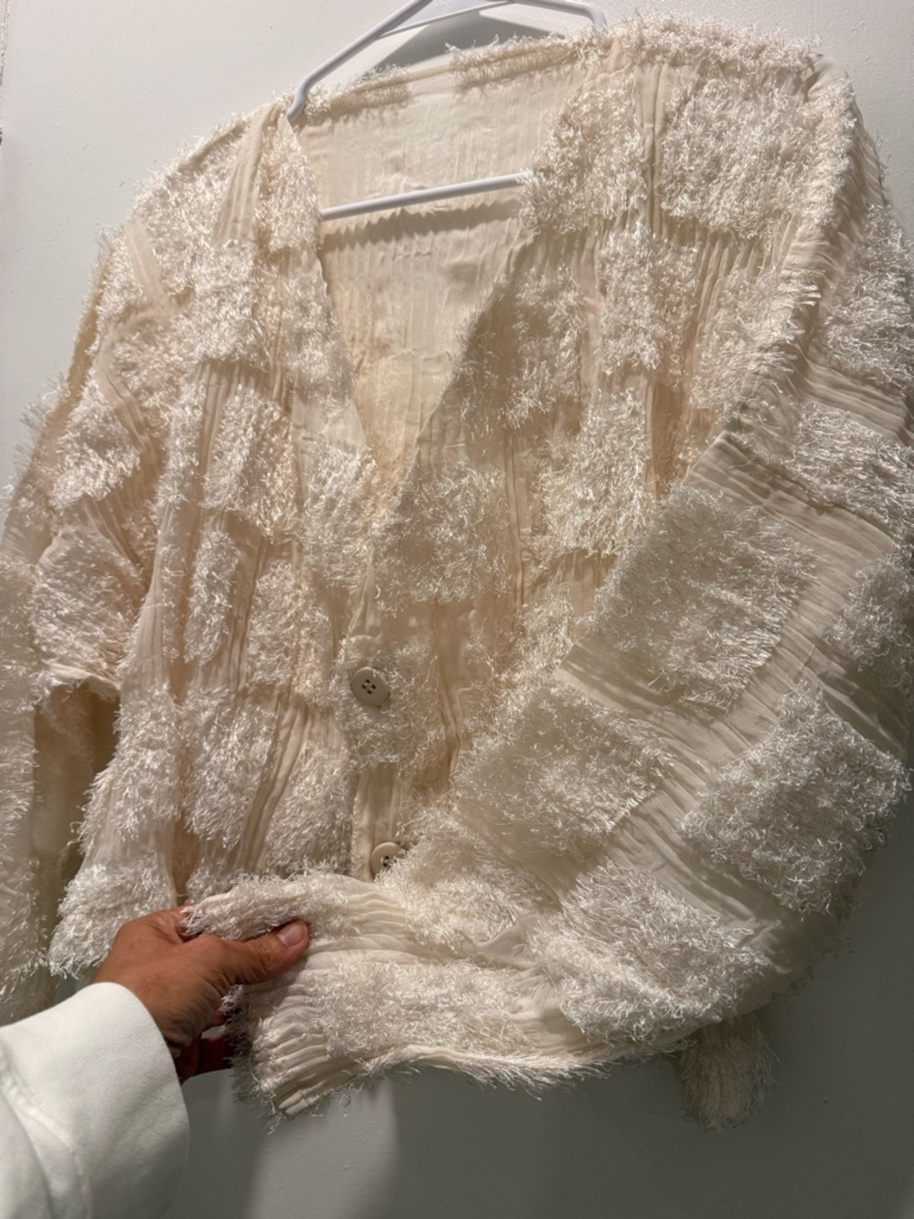 BEAUTIFUL ISSEY MIYAKE Cream Textured V-Neck Button Cardigan - Picture 4 of 13